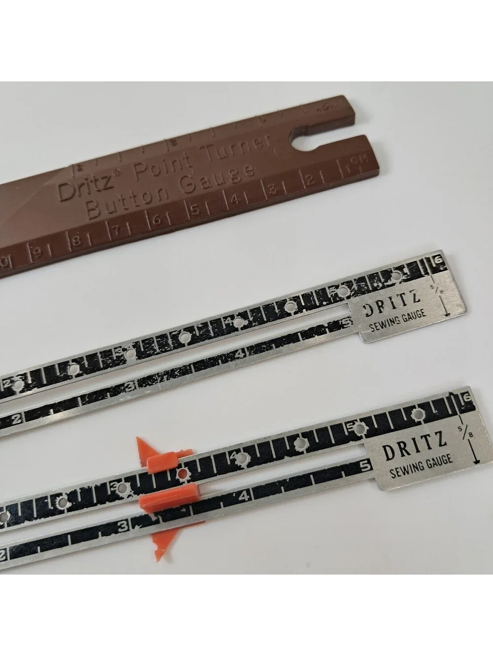 Vintage Dritz All Metal Measuring Sewing Gauge slide ruler & button gauge brown